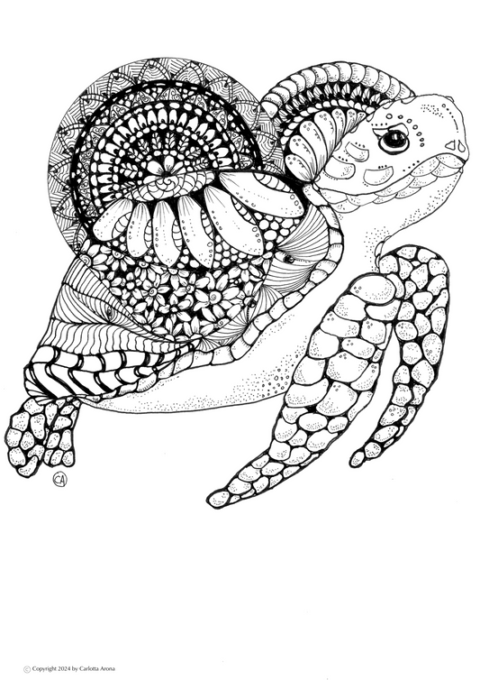 Hand-drawn Digital Colouring Page | Turtle Mandala | (Downloadable PDF)